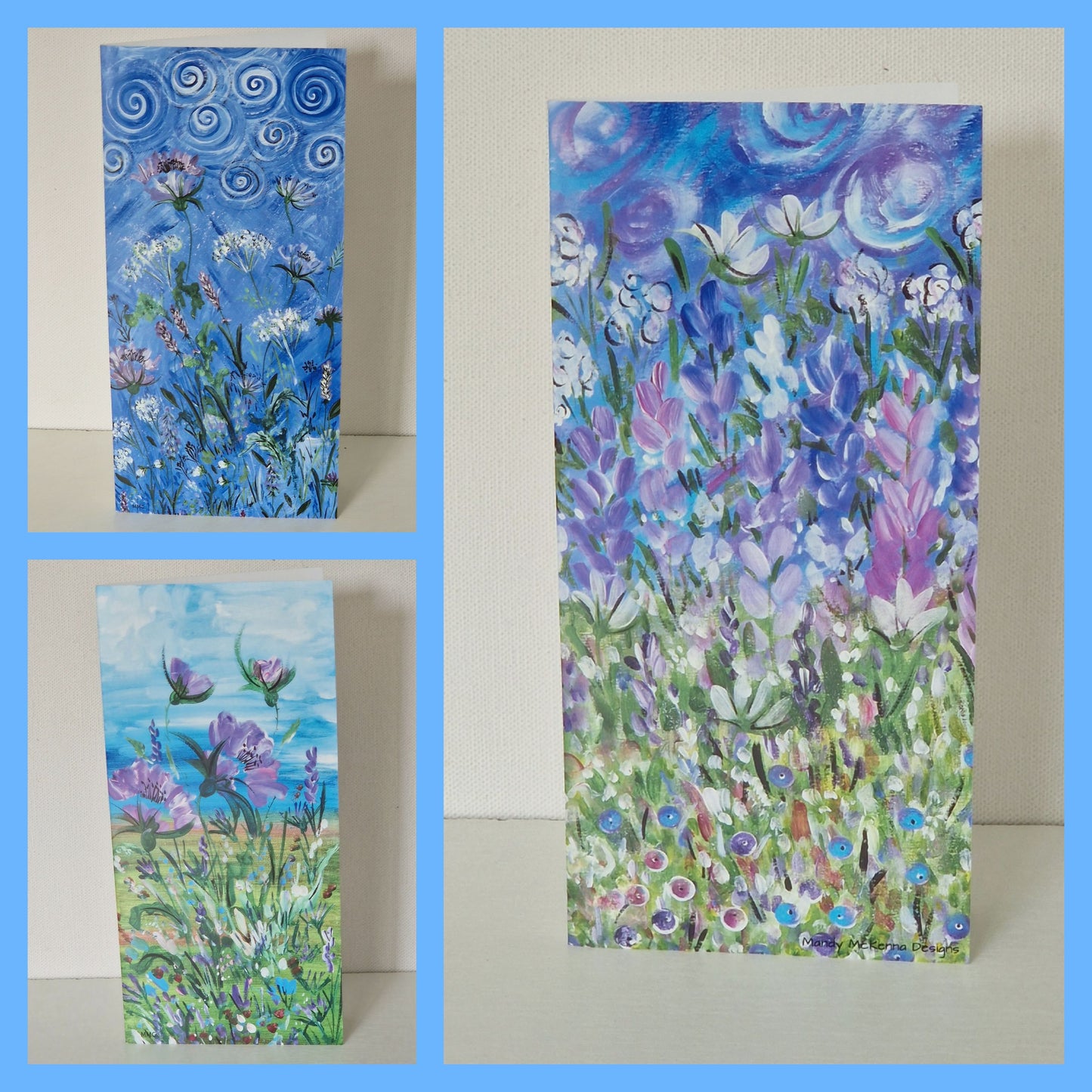 Greetings Card Set of 3 Blue Florals