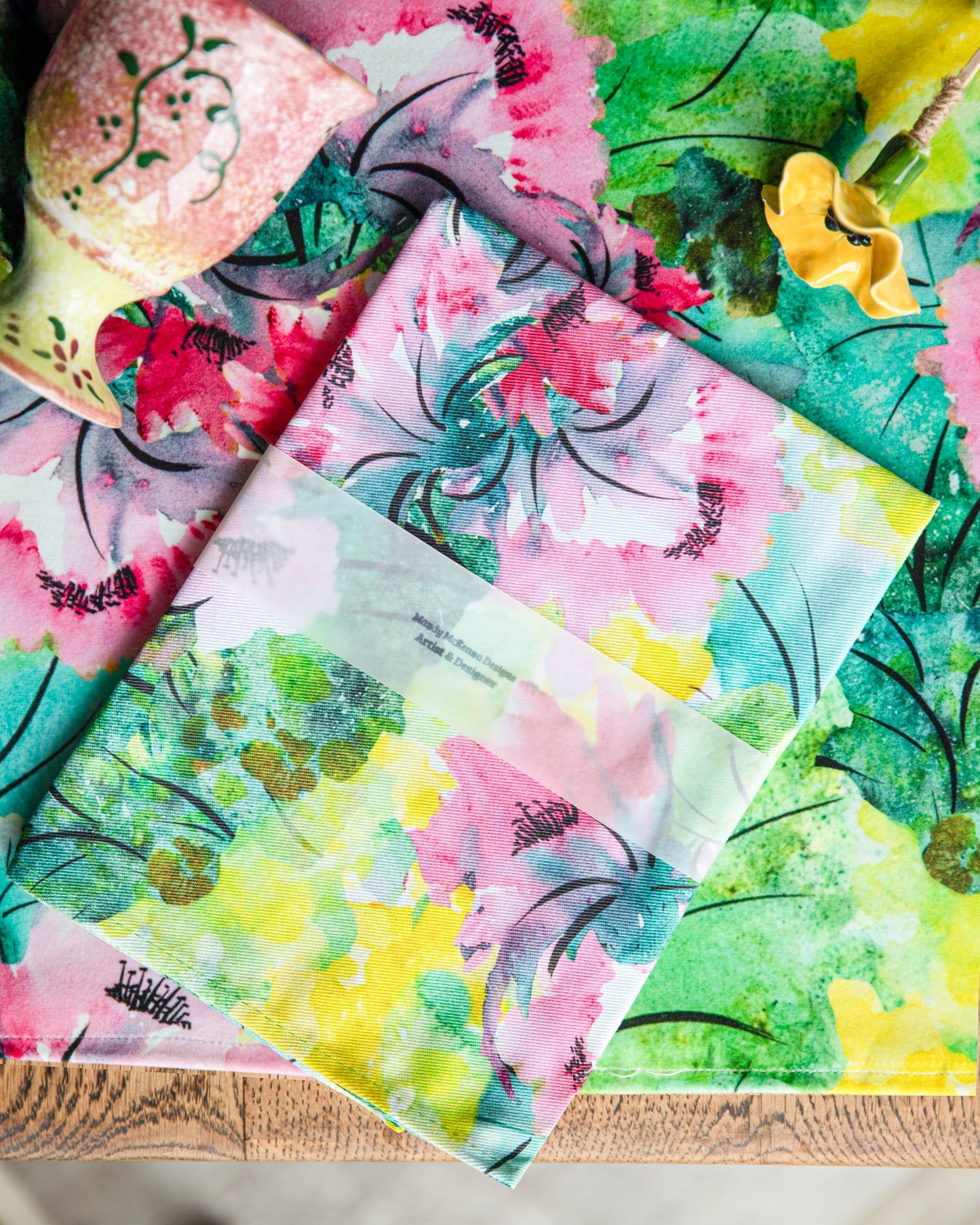 Pink Paradise floral tea towel from the Mandy McKenna Designs fabric collection