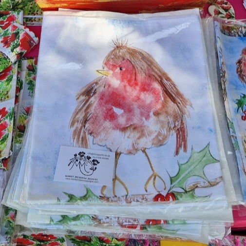 Christmas Tea Towel - Robin on a holly branch