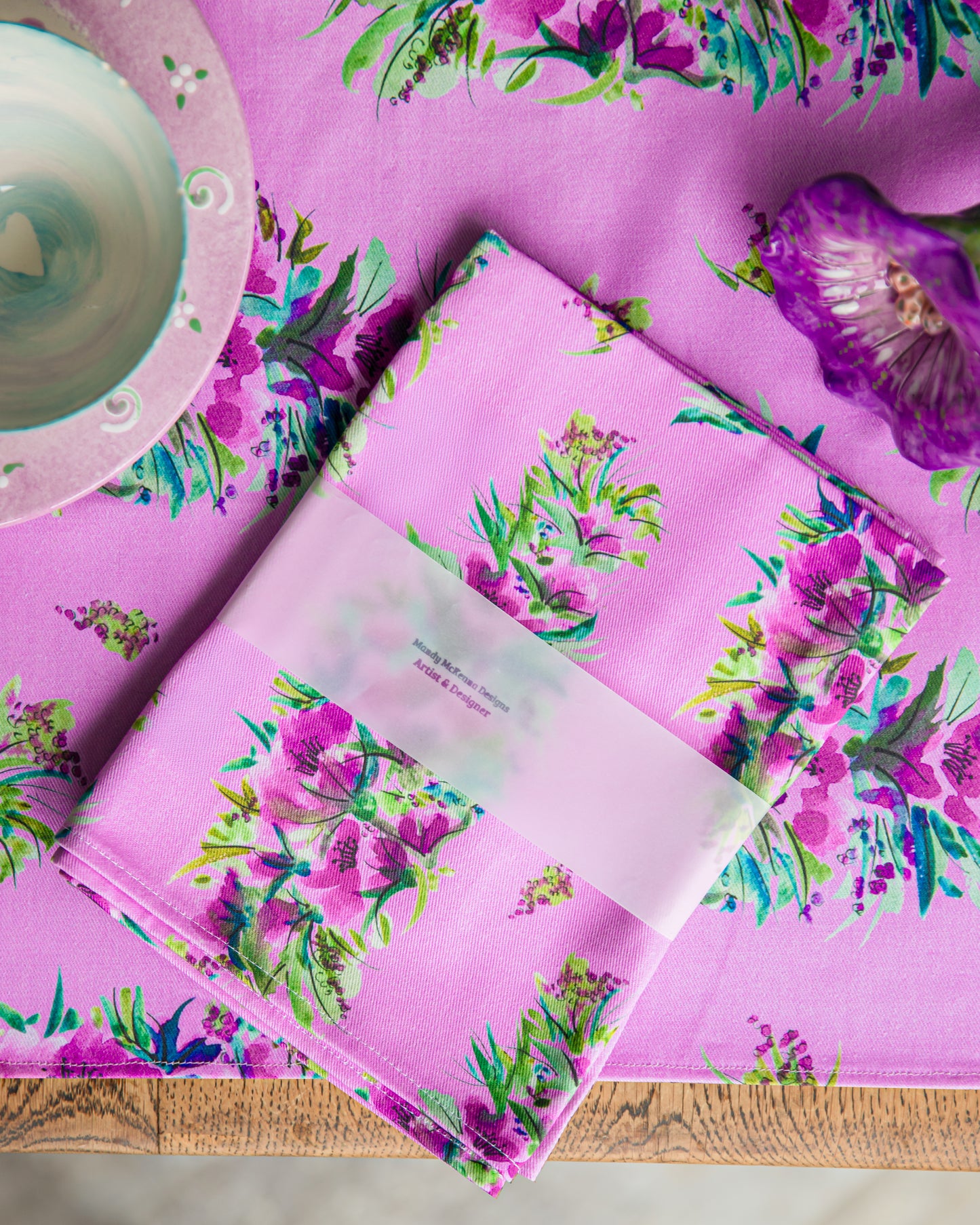 Scrumptious in Pink floral tea towel from the Mandy McKenna Designs fabric collection