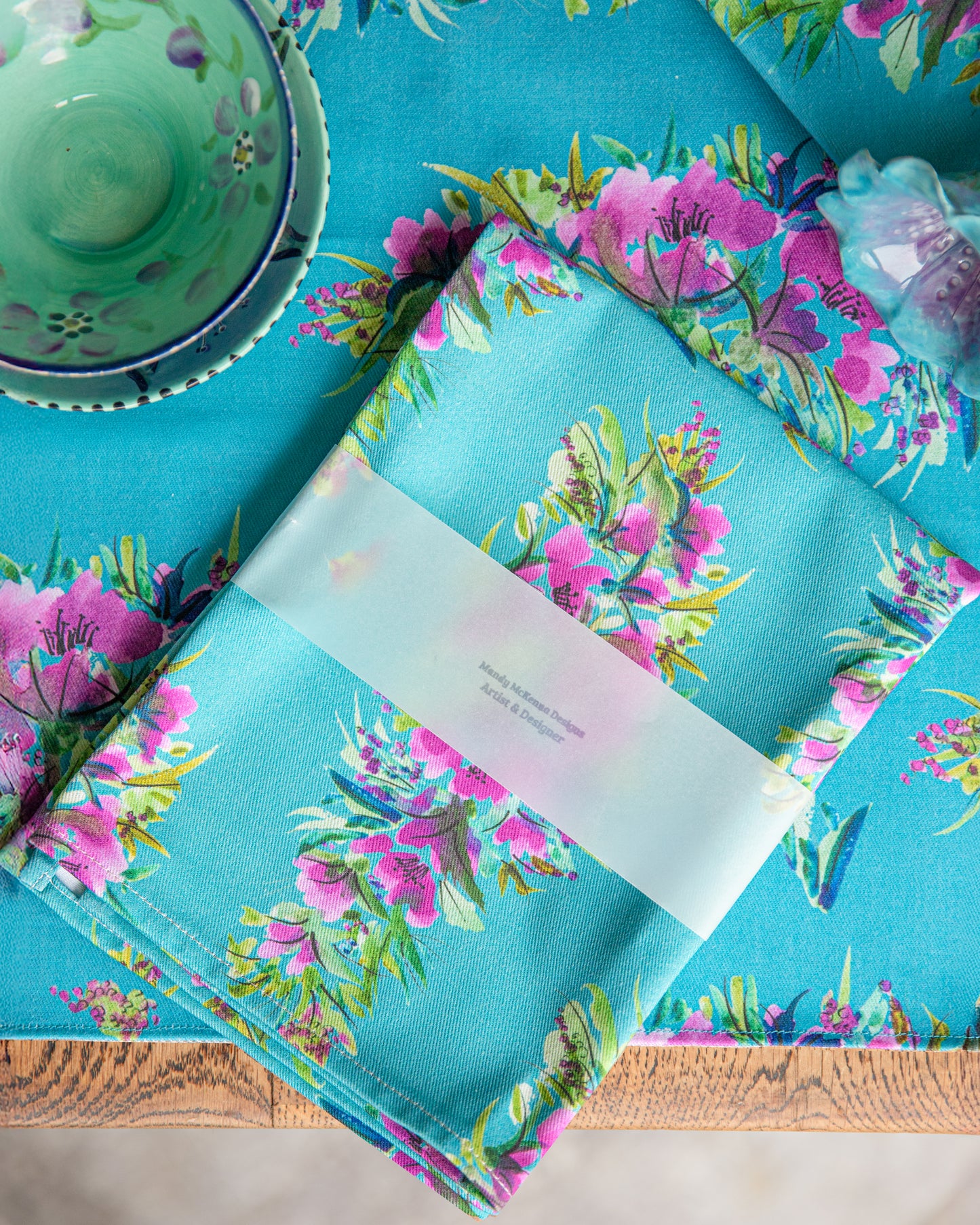 Scrumptious in Teal floral tea towel from the Mandy McKenna Designs fabric collection