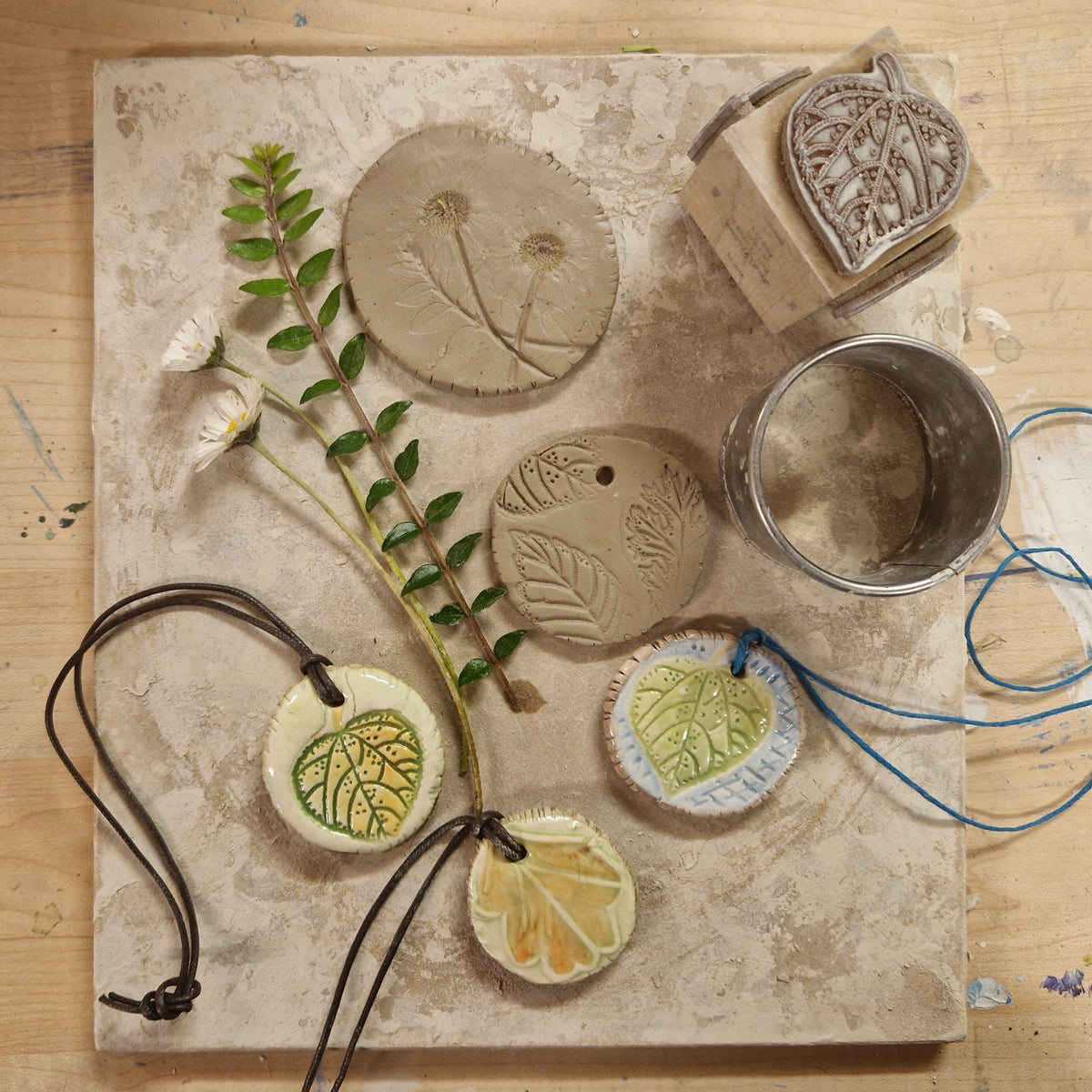 Flower Handprinted and Handpainted Clay Tiles