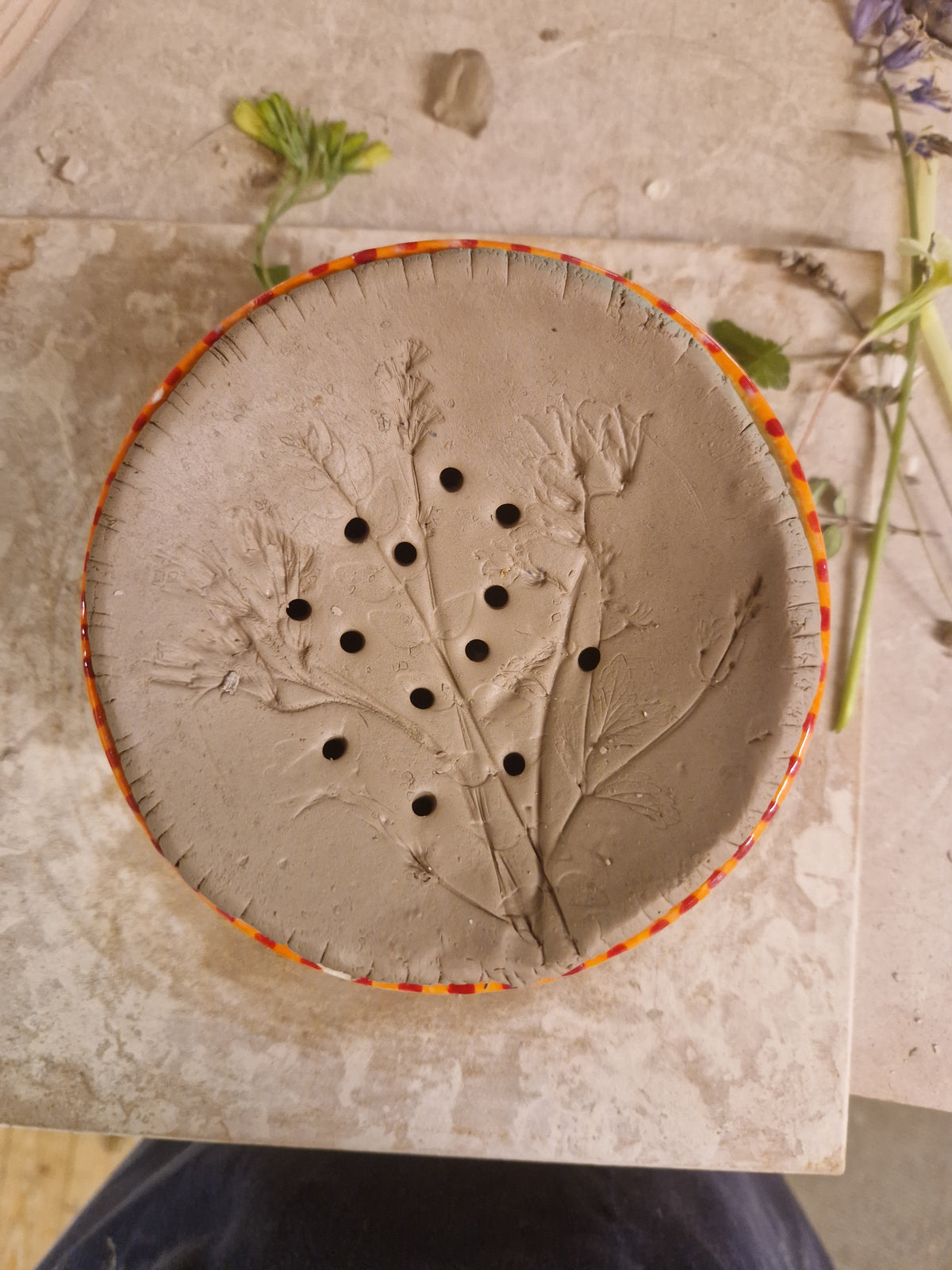 Flower Handprinted and Handpainted Clay Tiles