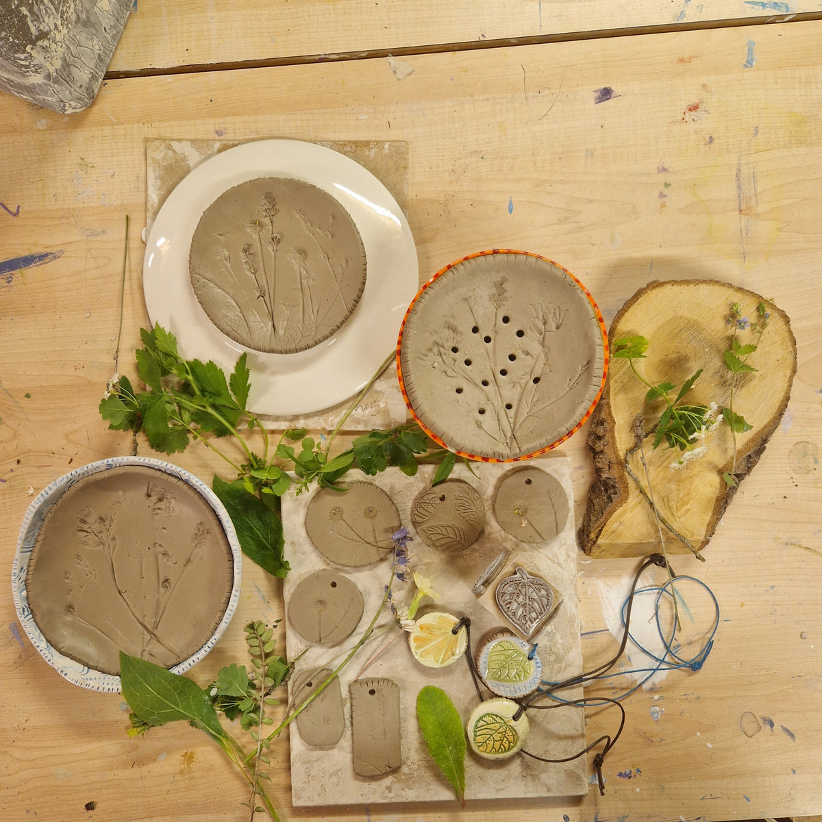Flower Handprinted and Handpainted Clay Tiles