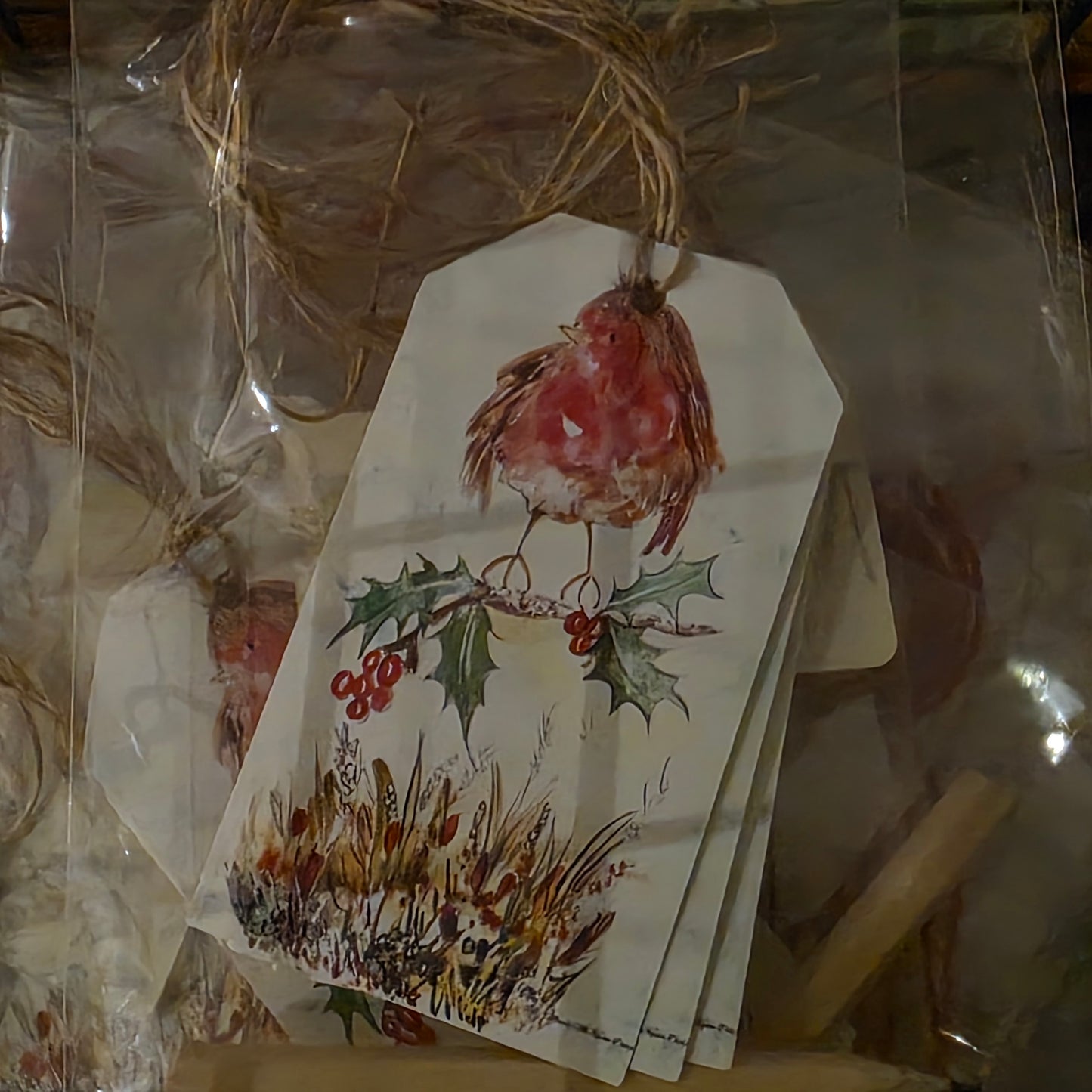Christmas Gift Tag Set  -  Robin on a holly branch