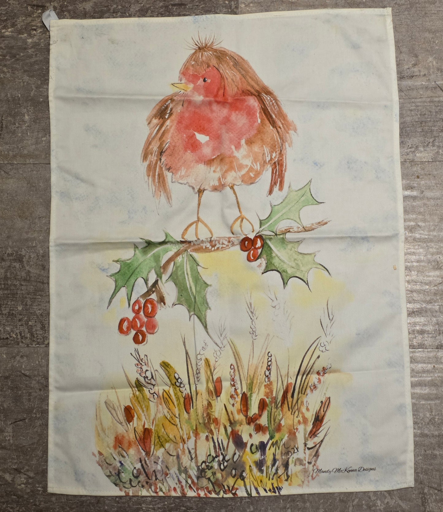 Christmas Tea Towel - Robin on a holly branch