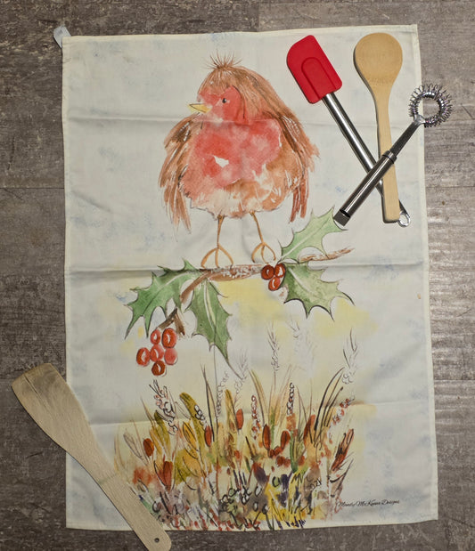 Christmas Tea Towel - Robin on a holly branch