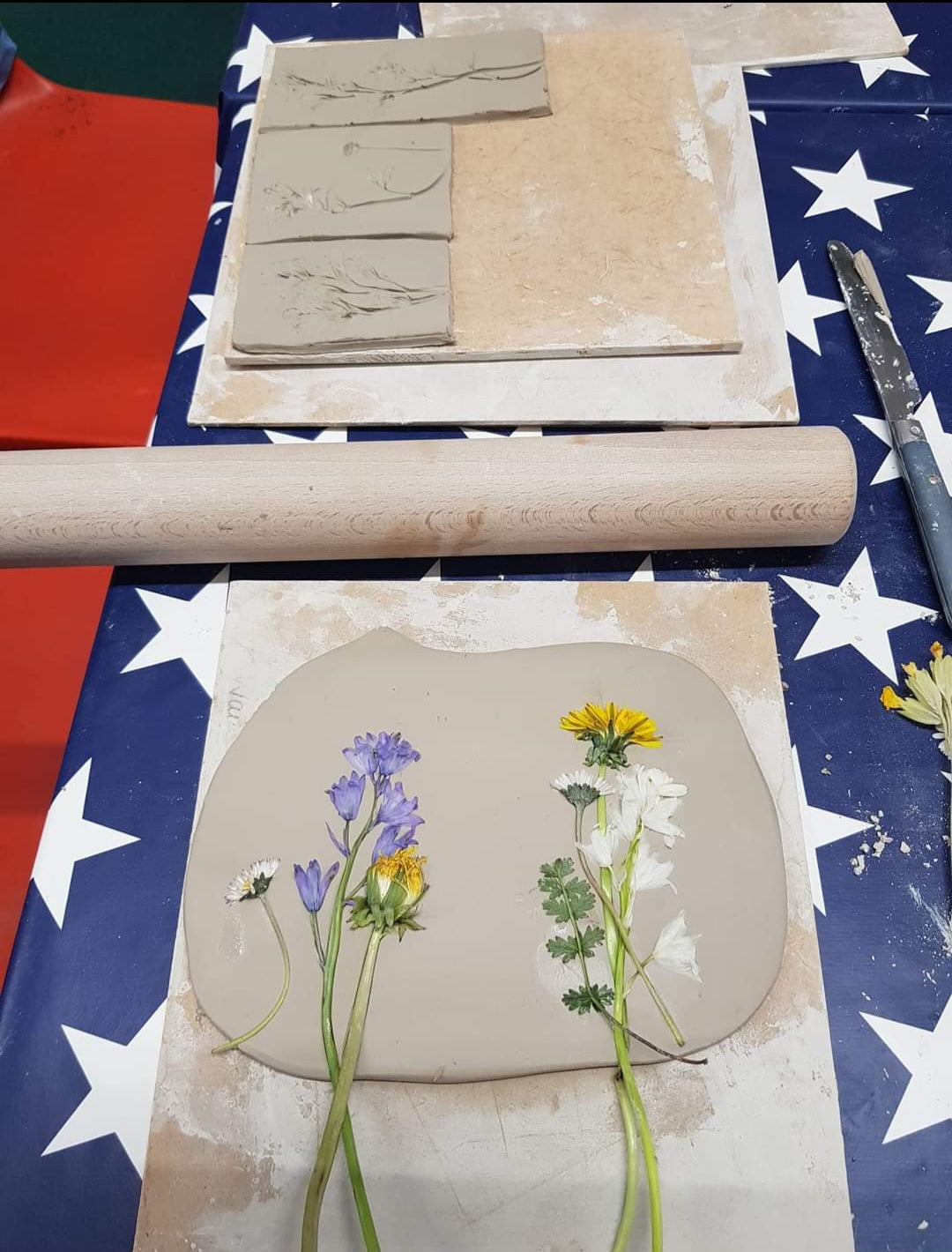 Flower Handprinted and Handpainted Clay Tiles
