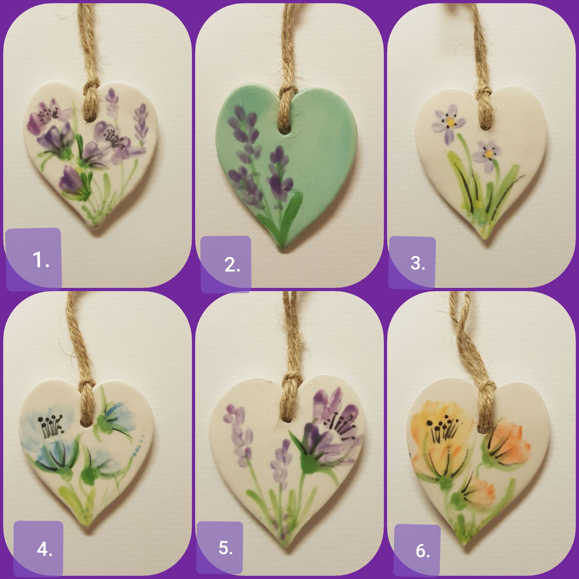 Hearts - Flower Handpainted Hearts- Set of 6 - Mandy McKenna Designs 