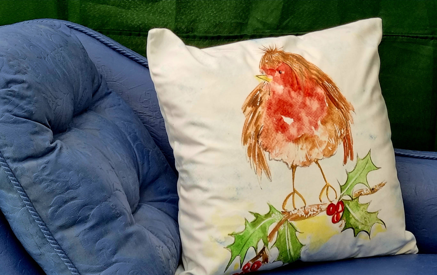 Velvet Cushion - Christmas Robin