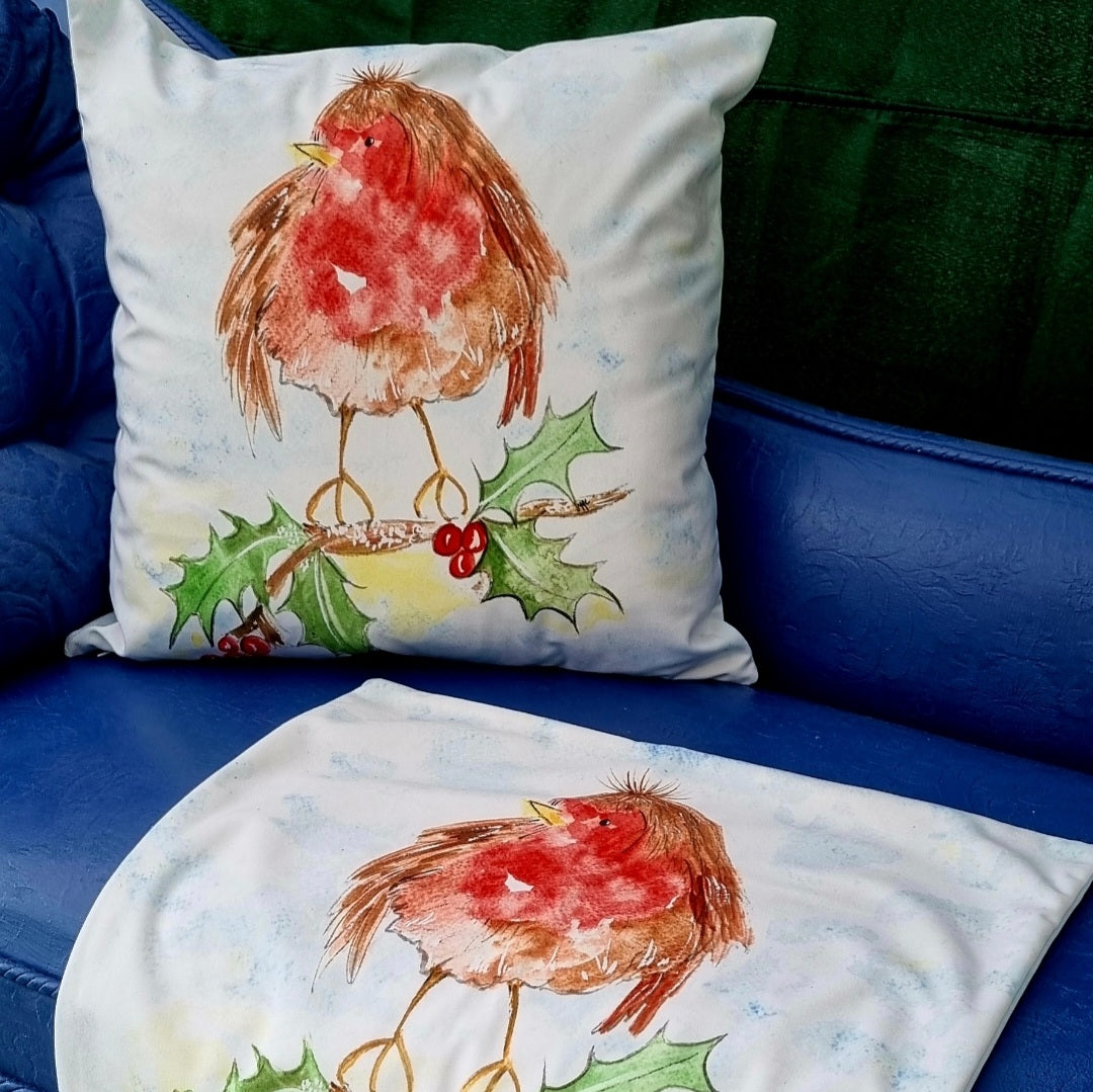 Velvet Cushion - Christmas Robin